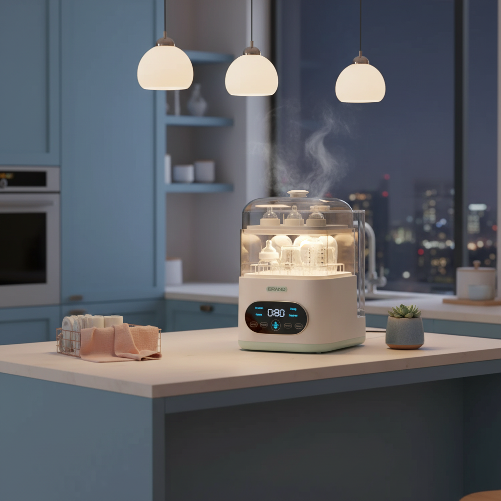 Automatic baby bottle washing machine with multiple bottles inside, on a clean kitchen counter at night, featuring a modern d